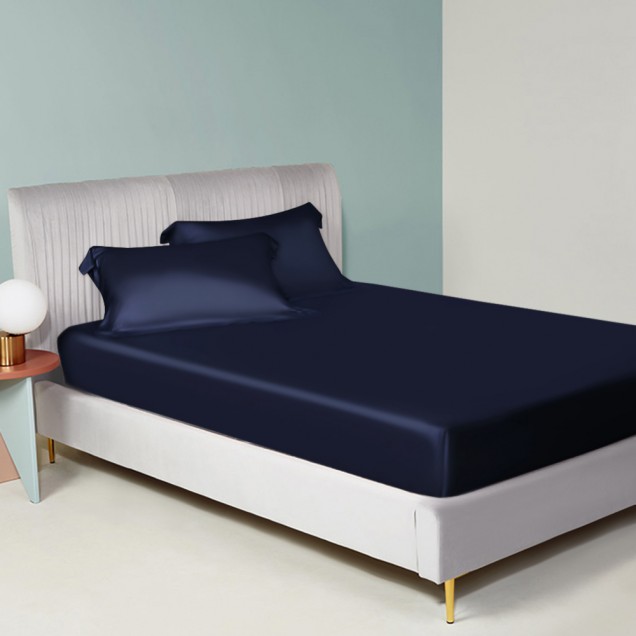 Navy 22 Momme Mulberry Silk Fitted Sheet UK Navy 22 Momme Mulberry Silk Fitted Sheet UK